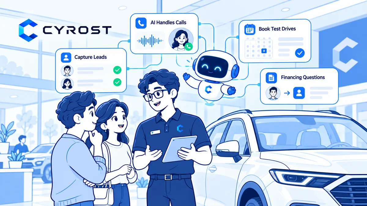 Line art illustration of a dealership showroom: a salesperson holding a tablet talks with two customers beside an SUV, with a CYROST robot character and panels showing call handling, captured leads, test drives, and financing questions.