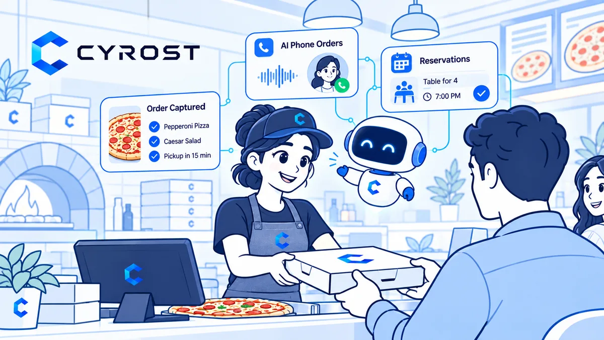 Line art illustration of a pizza counter: a member of staff hands a boxed order across the counter to a customer, with a CYROST robot character and panels showing a captured pickup order and a table reservation.