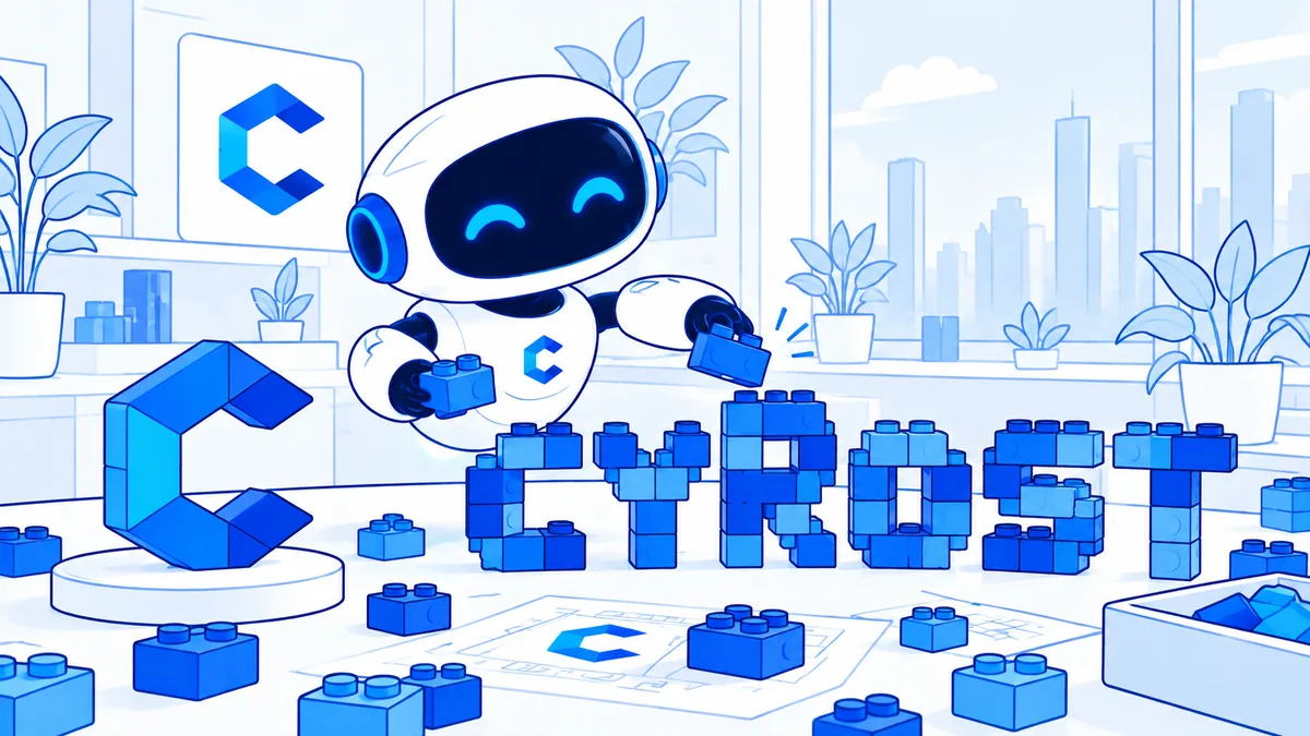 Line art illustration of a CYROST robot character building the word CYROST out of blue interlocking toy blocks on a desk, in a bright office.