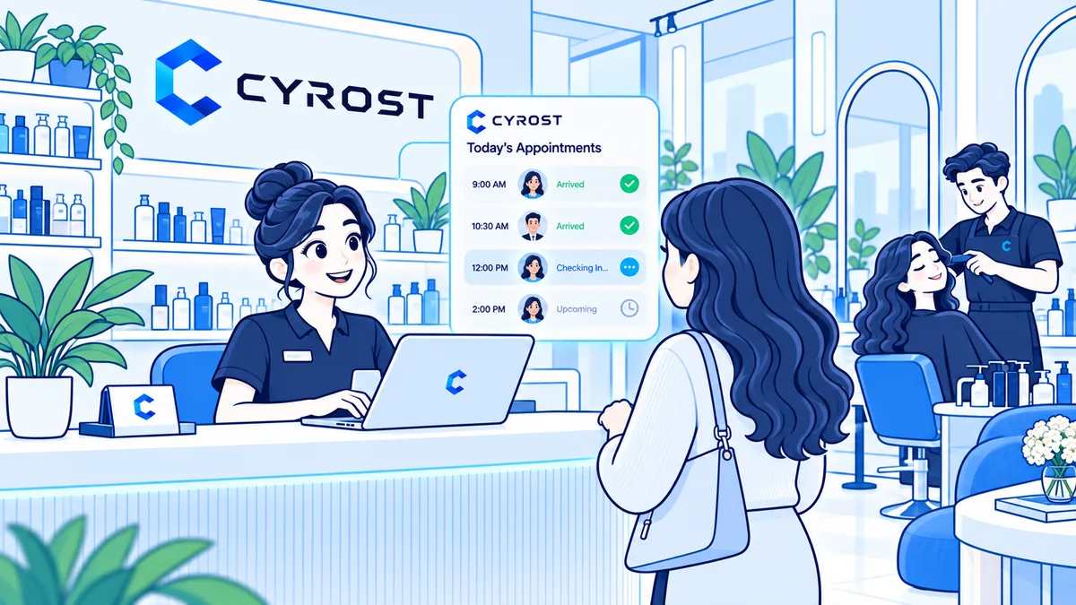 Line art illustration of a salon front desk: a receptionist at a laptop greets a client at the counter while a stylist works with another client behind them, beside a panel showing the day’s appointment list.
