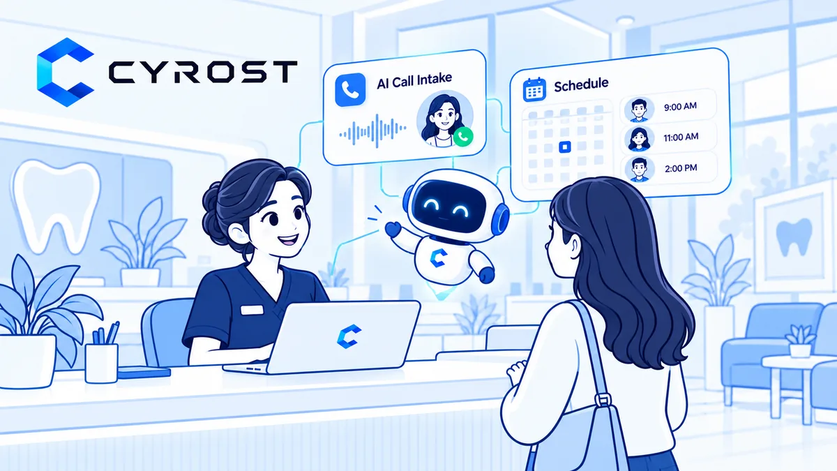 Line art illustration of a dental practice reception: a receptionist at a laptop greets a patient at the counter, with a CYROST robot character and panels showing call intake and the day’s appointment times.